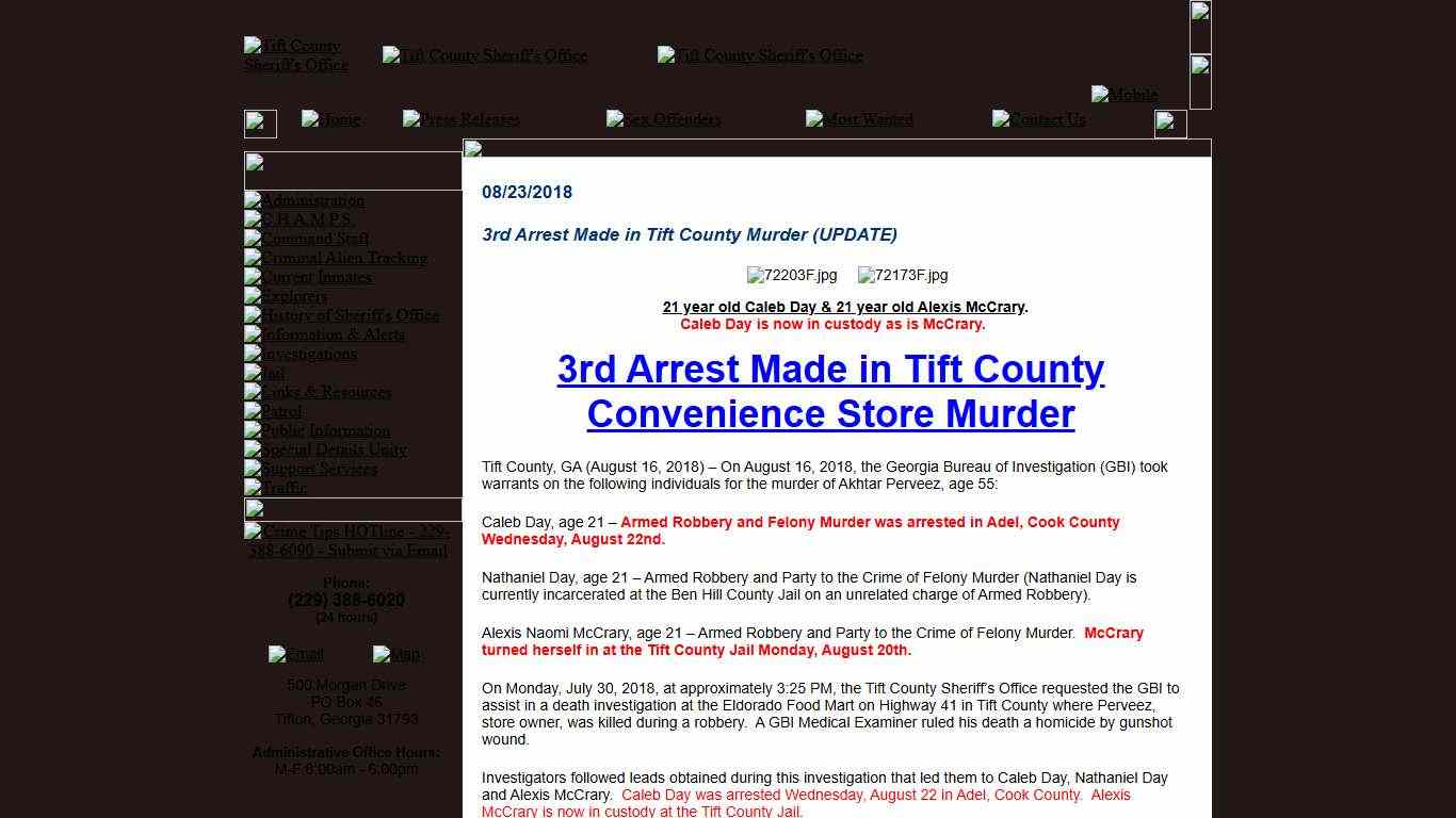 3rd Arrest Made in Tift County Murder (UPDATE) - Press Releases - Tift County Sheriff GA